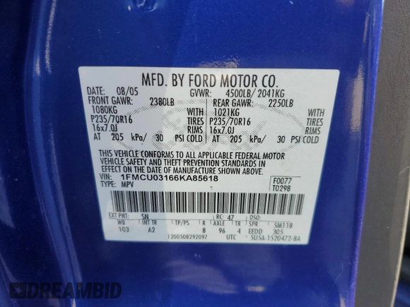 2006 Ford Escape XLT with VIN 1FMCU03166KA85618, listed as a Copart auction lot 68365264 with 161,563 mi miles and Salvage Title. Bid and sale history available at carsss.com. Image 13.