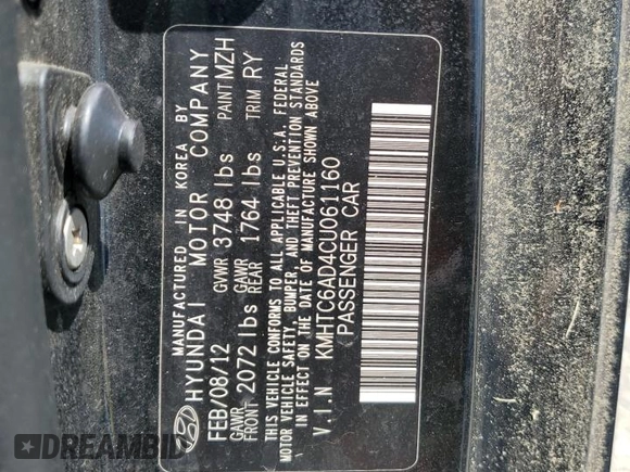 2012 Hyundai Veloster w/Black Int with VIN KMHTC6AD4CU061160, listed as a Copart auction lot 54139415 with 124,468 mi miles and Clean title. Bid and sale history available at DreamBid. Image 12.