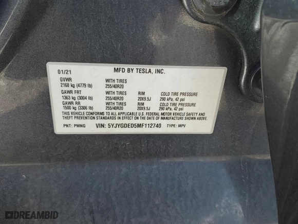2021 Tesla Model Y Standard Range with VIN 5YJYGDED5MF112740, listed as a Copart auction lot 89188825 with 99,991 mi miles and Salvage Title. Bid and sale history available at carsss.com. Image 12.