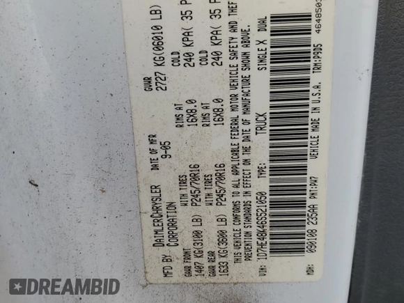 2006 Dodge Dakota SLT with VIN 1D7HE48K46S521050, listed as a Copart auction lot 87286144 with 252,799 mi miles and Salvage Title. Bid and sale history available at DreamBid. Image 13.