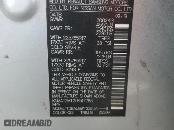 2020 Nissan Rogue SV z VIN KNMAT2MT2LP517288, wystawiony jako Copart lot #61506345 z przebiegiem 76 097 mil mil oraz Nie do naprawy • Non repairable. Historia ofert i sprzedaży dostępna na DreamBid. Obrazek 14.