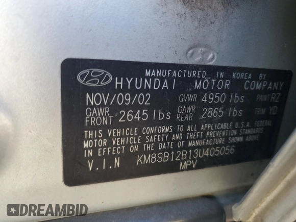 2003 Hyundai Santa Fe with VIN KM8SB12B13U405056, listed as a Copart auction lot 73671484 with 0 mi miles and Salvage Title. Bid and sale history available at carsss.com. Image 12.