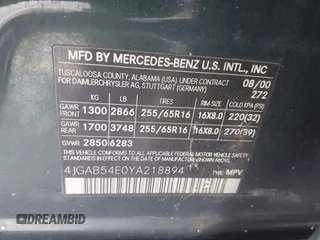 2000 Mercedes-Benz M 320/430/500 with VIN 4JGAB54E0YA218894, listed as a IAAI auction lot 41985116 with 120,889 mi miles and . Bid and sale history available at DreamBid. Image 9.
