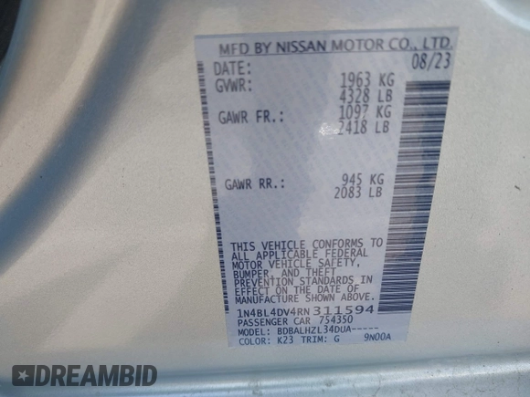 2024 Nissan Altima SV with VIN 1N4BL4DV4RN311594, listed as a IAAI auction lot 42544589 with 42,469 mi miles and . Bid and sale history available at DreamBid. Image 9.