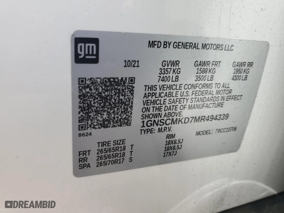 2021 Chevrolet Tahoe LS with VIN 1GNSCMKD7MR494339, listed as a Copart auction lot 62408244 with 26,690 mi miles and Salvage Title. Bid and sale history available at carsss.com. Image 13.