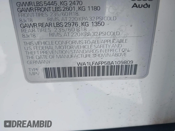 2011 Audi Q5 Premium Plus with VIN WA1LFAFP5BA109809, listed as a IAAI auction lot 42322364 with 121,525 mi miles and . Bid and sale history available at DreamBid. Image 9.