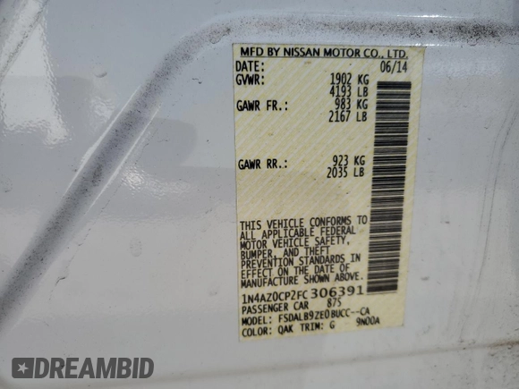 2015 Nissan LEAF SV with VIN 1N4AZ0CP2FC306391, listed as a Copart auction lot 45011273 with 56,669 mi miles and . Bid and sale history available at DreamBid. Image 12.