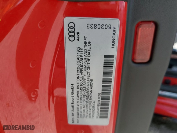 2022 Audi TT RS Coupe with VIN WUAASAFV8N1900592, listed as a Copart auction lot 74976084 with NaN miles and Salvage Title. Bid and sale history available at carsss.com. Image 12.