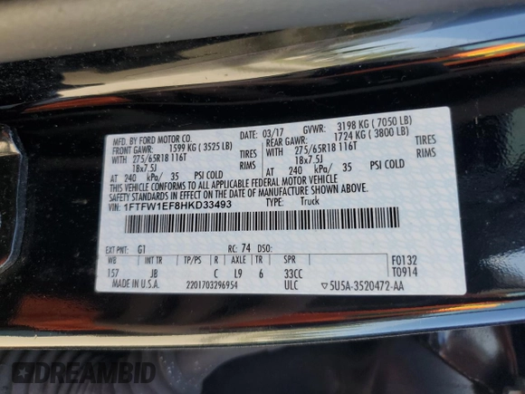 2017 Ford F-150 XL with VIN 1FTFW1EF8HKD33493, listed as a Copart auction lot 53383625 with 79,262 mi miles and Salvage Title. Bid and sale history available at carsss.com. Image 12.