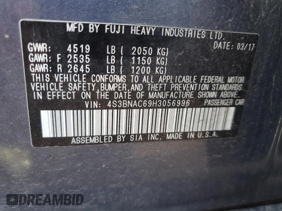 2017 Subaru Legacy Premium with VIN 4S3BNAC69H3056996, listed as a Copart auction lot 57795095 with 96,626 mi miles and Salvage title. Bid and sale history available at DreamBid. Image 12.