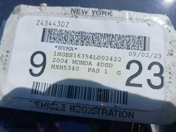 2004 Honda Civic VP with VIN 1HGES16354L002422, listed as a IAAI auction lot 42207198 with 207,564 mi miles and . Bid and sale history available at DreamBid. Image 12.