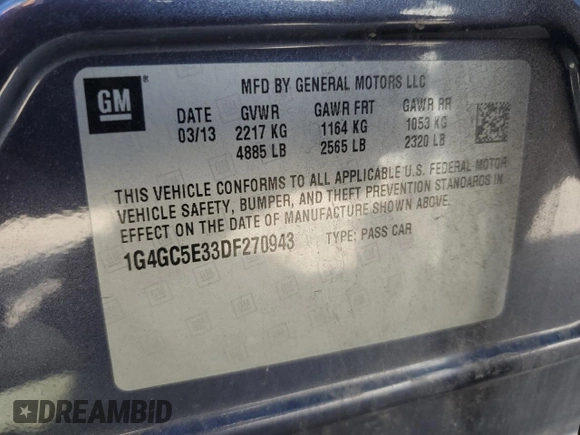 2013 Buick LaCrosse Leather z VIN 1G4GC5E33DF270943, wystawiony jako Copart lot #61810135 z przebiegiem 140 821 mil mil oraz Szkoda całkowita • Salvage title. Historia ofert i sprzedaży dostępna na DreamBid. Obrazek 12.