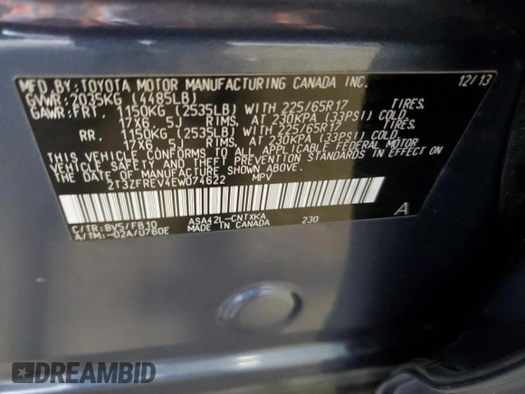 2014 Toyota RAV4 LE z VIN 2T3ZFREV4EW074622, wystawiony jako Copart lot #56595595 z przebiegiem 122 818 mil mil oraz Szkoda całkowita • Salvage title. Historia ofert i sprzedaży dostępna na DreamBid. Obrazek 13.