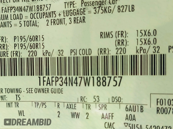 2007 Ford Focus S with VIN 1FAFP34N47W188757, listed as a IAAI auction lot 42319572 with 197,091 mi miles and . Bid and sale history available at DreamBid. Image 9.