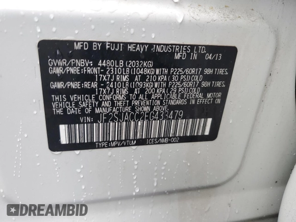 2014 Subaru Forester 2.5i Premium with VIN JF2SJACC2EG433479, listed as a Copart auction lot 49597585 with 258,165 mi miles and Clean Title. Bid and sale history available at carsss.com. Image 13.
