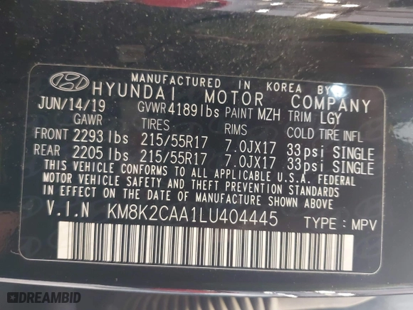 2020 Hyundai Kona SEL with VIN KM8K2CAA1LU404445, listed as a IAAI auction lot 41919384 with 46,322 mi miles. Bid and sale history available at carsss.com. Image 9.