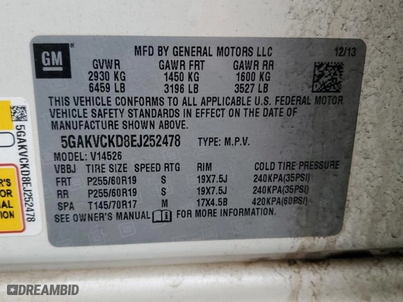 2014 Buick Enclave Premium with VIN 5GAKVCKD8EJ252478, listed as a Copart auction lot 88771675 with 150,976 mi miles and Non Repairable. Bid and sale history available at carsss.com. Image 13.