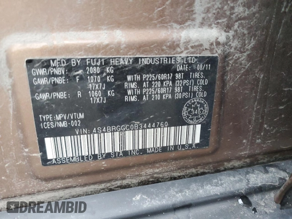 2011 Subaru Outback z VIN 4S4BRGGC0B3444760, wystawiony jako Copart lot #73050564 z przebiegiem 241 962 mil mil oraz Szkoda całkowita • Salvage title. Historia ofert i sprzedaży dostępna na DreamBid. Obrazek 12.