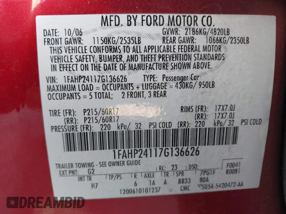 2007 Ford Five Hundred SEL z VIN 1FAHP24117G136626, wystawiony jako IAAI lot #41752547 z przebiegiem 157 924 mil mil oraz . Historia ofert i sprzedaży dostępna na DreamBid. Obrazek 9.
