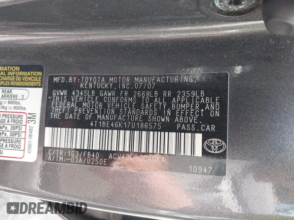 2007 Toyota Camry CE z VIN 4T1BE46K17U186575, wystawiony jako IAAI lot #42492280 z przebiegiem 184 813 mil mil oraz . Historia ofert i sprzedaży dostępna na DreamBid. Obrazek 9.