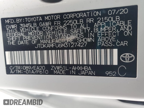 2021 Toyota Prius L Eco with VIN JTDKAMFU6M3127427, listed as a Copart auction lot 51843995 with 42,278 mi miles and Salvage Title. Bid and sale history available at carsss.com. Image 13.