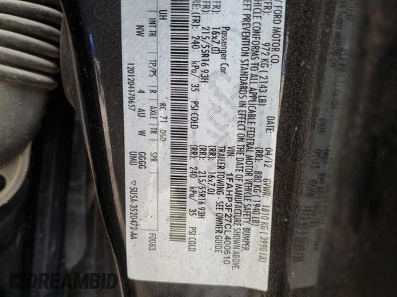 2012 Ford Focus SE with VIN 1FAHP3F27CL400610, listed as a Copart auction lot 51669765 with Not Provided miles and Salvage Title. Bid and sale history available at DreamBid. Image 12.