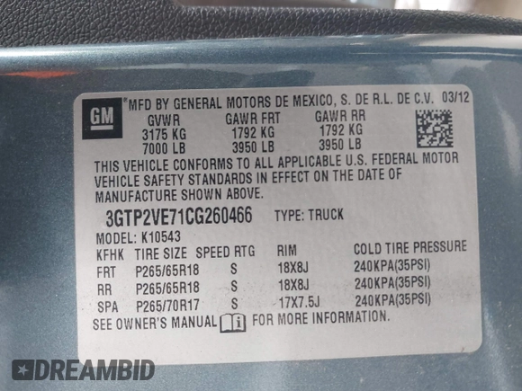 2012 GMC Sierra 1500 SLE with VIN 3GTP2VE71CG260466, listed as a IAAI auction lot 42142836 with 166,823 mi miles and . Bid and sale history available at DreamBid. Image 9.