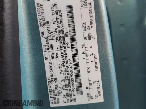 2013 Ford Escape SE with VIN 1FMCU0GX7DUC41956, listed as a Copart auction lot 61627235 with 117,600 mi miles and Salvage title. Bid and sale history available at DreamBid. Image 14.