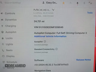 2021 Tesla Model Y Long Range with VIN 5YJYGDEE0MF209045, listed as a IAAI auction lot 41762738 with 24,721 mi miles. Bid and sale history available at carsss.com. Image 7.