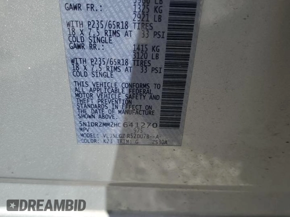 2017 Nissan Pathfinder SL with VIN 5N1DR2MM2HC641270, listed as a Copart auction lot 52994125 with 129,596 mi miles and Clean Title. Bid and sale history available at DreamBid. Image 14.