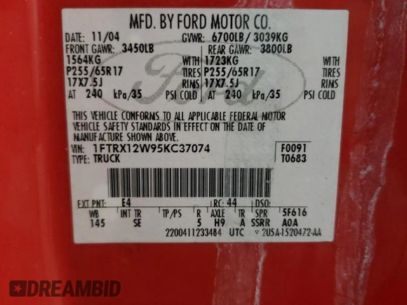 2005 Ford F-150 STX with VIN 1FTRX12W95KC37074, listed as a Copart auction lot 87368844 with 218,289 mi miles and Clean Title. Bid and sale history available at carsss.com. Image 12.