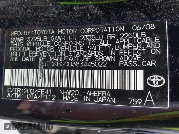 2008 Toyota Prius with VIN JTDKB20U383445022, listed as a IAAI auction lot 42384731 with 192,454 mi miles and . Bid and sale history available at DreamBid. Image 9.