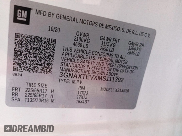 2021 Chevrolet Equinox LT with VIN 3GNAXTEVXMS111392, listed as a IAAI auction lot 42821251 with 63,868 mi miles and . Bid and sale history available at DreamBid. Image 12.