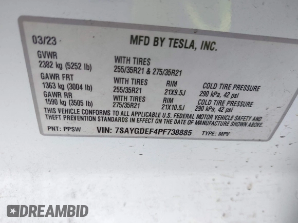 2023 Tesla Model Y Performance with VIN 7SAYGDEF4PF738885, listed as a IAAI auction lot 41798997 with 59,270 mi miles and . Bid and sale history available at DreamBid. Image 9.