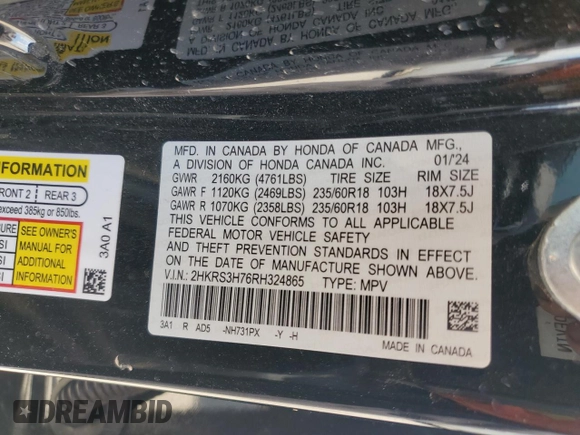 2024 Honda CR-V EX-L with VIN 2HKRS3H76RH324865, listed as a Copart auction lot 53109965 with 12,152 mi miles and Salvage Title. Bid and sale history available at DreamBid. Image 13.