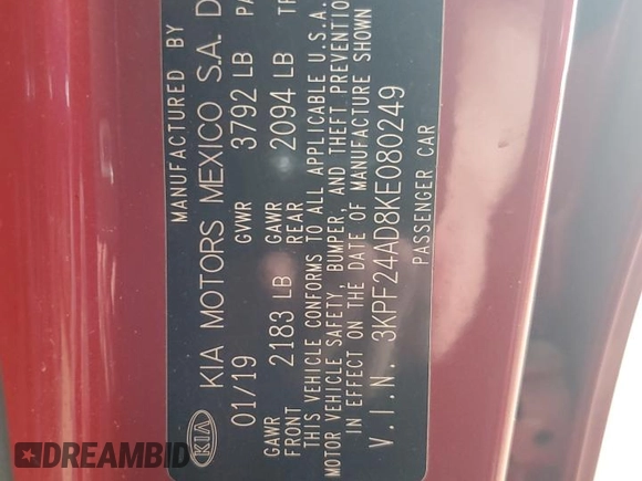 2019 Kia Forte LXS z VIN 3KPF24AD8KE080249, wystawiony jako Copart lot #62889095 z przebiegiem 42 576 mil mil oraz Szkoda całkowita • Salvage title. Historia ofert i sprzedaży dostępna na DreamBid. Obrazek 12.