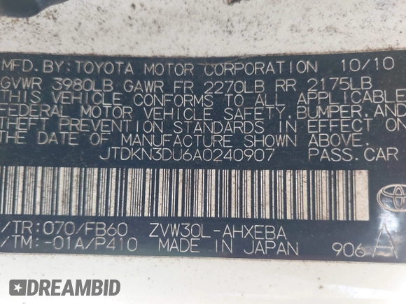 2010 Toyota Prius II with VIN JTDKN3DU6A0240907, listed as a IAAI auction lot 42046569 with 248,043 mi miles and . Bid and sale history available at DreamBid. Image 9.