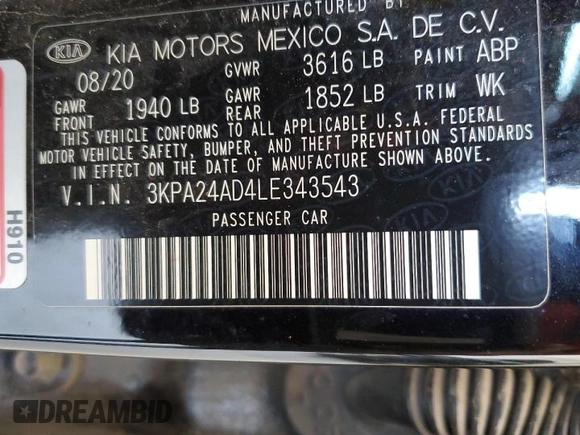 2020 Kia Rio LX with VIN 3KPA24AD4LE343543, listed as a Copart auction lot 70913604 with Not Provided miles and Non Repairable. Bid and sale history available at DreamBid. Image 12.