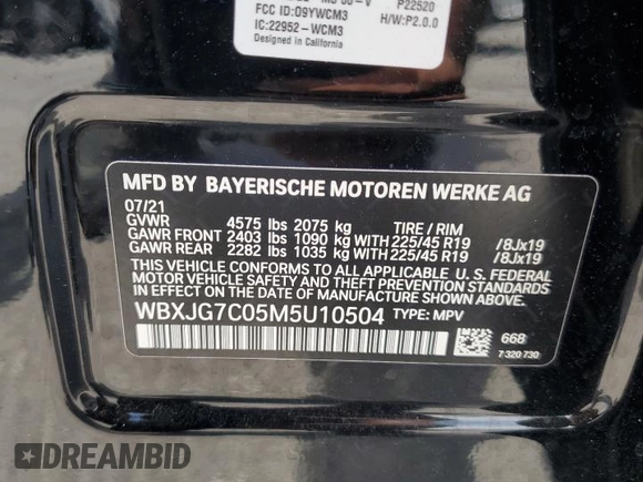 2021 BMW X1 sDrive28i z VIN WBXJG7C05M5U10504, wystawiony jako Copart lot #58708935 z przebiegiem 25 180 mil mil oraz Nie do naprawy • Non repairable. Historia ofert i sprzedaży dostępna na DreamBid. Obrazek 13.