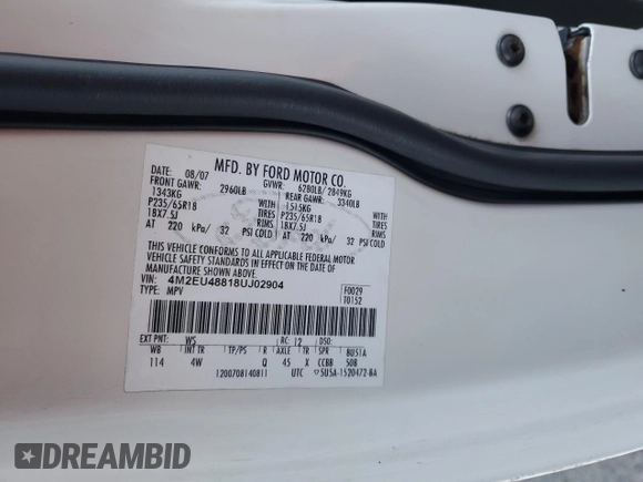 2008 Mercury Mountaineer Premier with VIN 4M2EU48818UJ02904, listed as a Copart auction lot 88102445 with 107,637 mi miles and Clean Title. Bid and sale history available at carsss.com. Image 13.