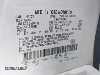 2022 Ford Mustang Mach-E Premium z VIN 3FMTK3SU3NMA15441, wystawiony jako IAAI lot #42356339 z przebiegiem 19 274 mil mil oraz . Historia ofert i sprzedaży dostępna na DreamBid. Obrazek 9.