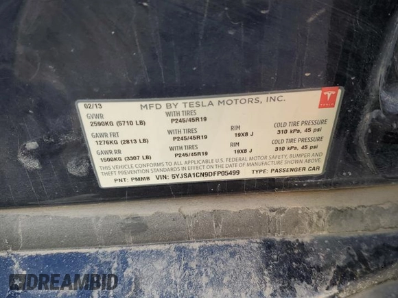 2013 Tesla Model S with VIN 5YJSA1CN9DFP05499, listed as a Copart auction lot 80078144 with 133,763 mi miles and Salvage Title. Bid and sale history available at carsss.com. Image 13.
