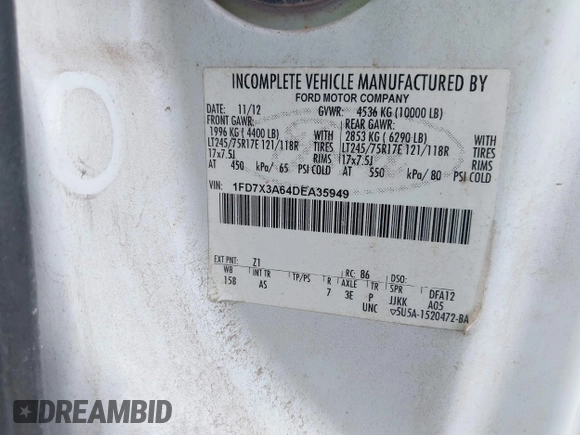 2013 Ford F-350 XL with VIN 1FD7X3A64DEA35949, listed as a IAAI auction lot 40693459 with 244,259 mi miles and . Bid and sale history available at DreamBid. Image 9.