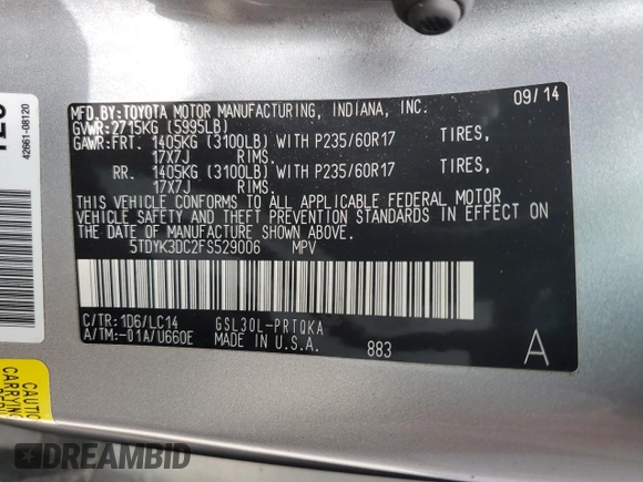 2015 Toyota Sienna XLE with VIN 5TDYK3DC2FS529006, listed as a Copart auction lot 62750995 with 142,990 mi miles and Salvage title. Bid and sale history available at DreamBid. Image 13.