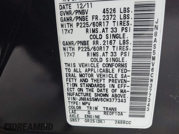 2012 Nissan Rogue SV with VIN JN8AS5MV6CW377343, listed as a IAAI auction lot 41541332 with 118,214 mi miles and . Bid and sale history available at DreamBid. Image 9.