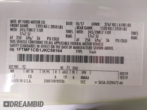 2018 Ford F-150 XL with VIN 1FTMF1CB1JKC58164, listed as a IAAI auction lot 42289514 with 57,075 mi miles and . Bid and sale history available at DreamBid. Image 9.