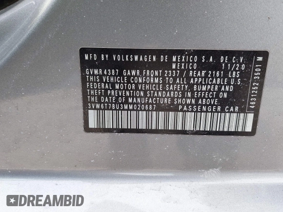 2021 Volkswagen Jetta S z VIN 3VW6T7BU3MM020687, wystawiony jako IAAI lot #41621894 z przebiegiem 25 837 mil mil oraz . Historia ofert i sprzedaży dostępna na DreamBid. Obrazek 9.
