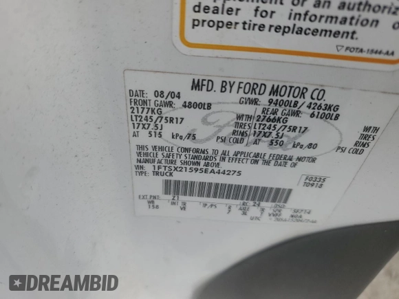 2005 Ford F-250 XL with VIN 1FTSX21595EA44275, listed as a Copart auction lot 57294604 with 253,438 mi miles and Clean title. Bid and sale history available at DreamBid. Image 12.