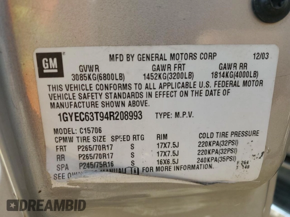 2004 Cadillac Escalade with VIN 1GYEC63T94R208993, listed as a Copart auction lot 87224664 with 285,642 mi miles and Salvage title. Bid and sale history available at DreamBid. Image 13.