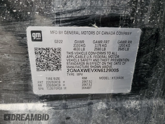 2022 Chevrolet Equinox RS with VIN 2GNAXWEVXN6129005, listed as a Copart auction lot 54504955 with 56,230 mi miles and Salvage title. Bid and sale history available at DreamBid. Image 14.